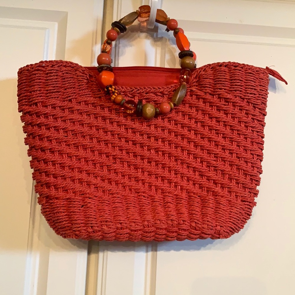 Blue Miami Red Woven handbag with Beaded Handles